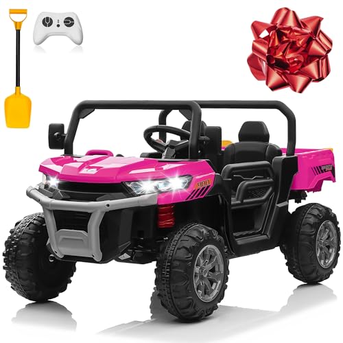24V 4WD Ride on Truck Car w/4X200W Motor, Dump Bed, Gift Flower, 2 Seaters, Remote Control, 4 Wheeler, LED Light, Music, 24 Volt Battery Powered Ride on Toys for Big Kids Girls 3-8, Pink