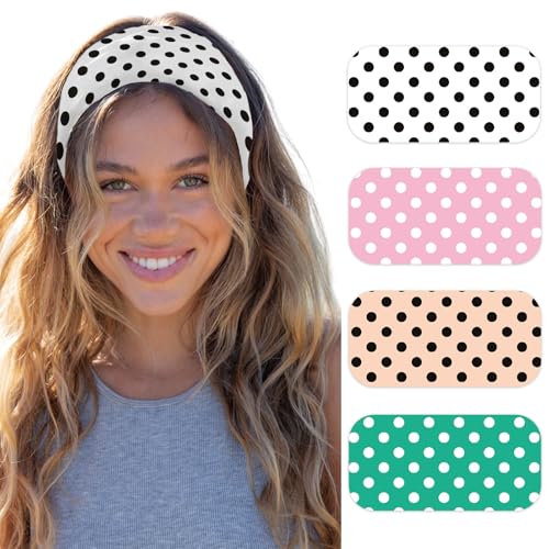 SENMAY Womens Polka Dot Headband - 4PCS Head Bands for Women's Hair Stretchy Non Slip Wraps Fashion Soft Wide Headbands Yoga Workout Hair Accessories