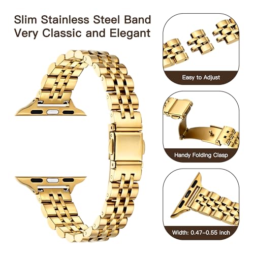 Image of Wipalor Thin Classic Metal Chain Band Fit Slim Apple Watch Bands for women 42mm 41mm 40mm 38mm, Dressy Designer Stainless Steel iWatch Bands for iPhone Watch Bands Series 11 10 9 SE 8 7 6 5 4 3 2 1-Gold