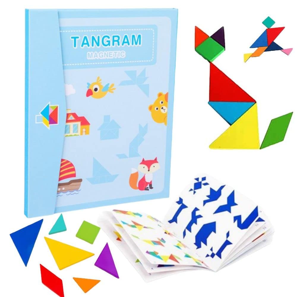 Travel Wooden Tangram Magnetic Pattern Block Book with Solution| 3D Puzzle Road Trip Game | STEM Education IQ-Brain Teaser Toys for Kids-Multicolor (Tangram Puzzle)