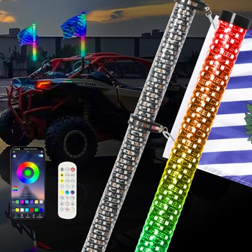 2PCS 3FT Fat Whip Lights with App + Remote Control LED Lighted Antenna Whip with Brake Function Spiral RGB Thick Whip Lights for UTV ATV SXS Can-Am RZR