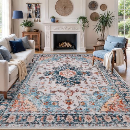 Image of Tangsoo 8x10 Washable Area Rugs for Living Room, Vintage Non Slip Large Rug