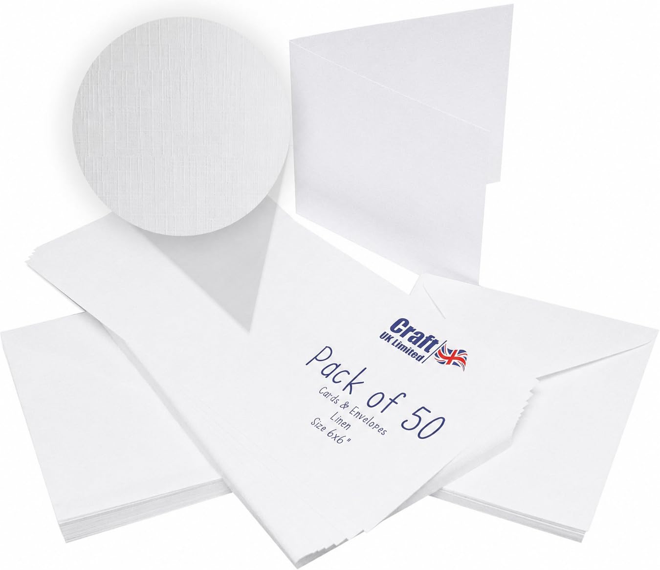 Craft UK W103 6 x 6 Inch Linen Card and Envelope Pack of 50 - White