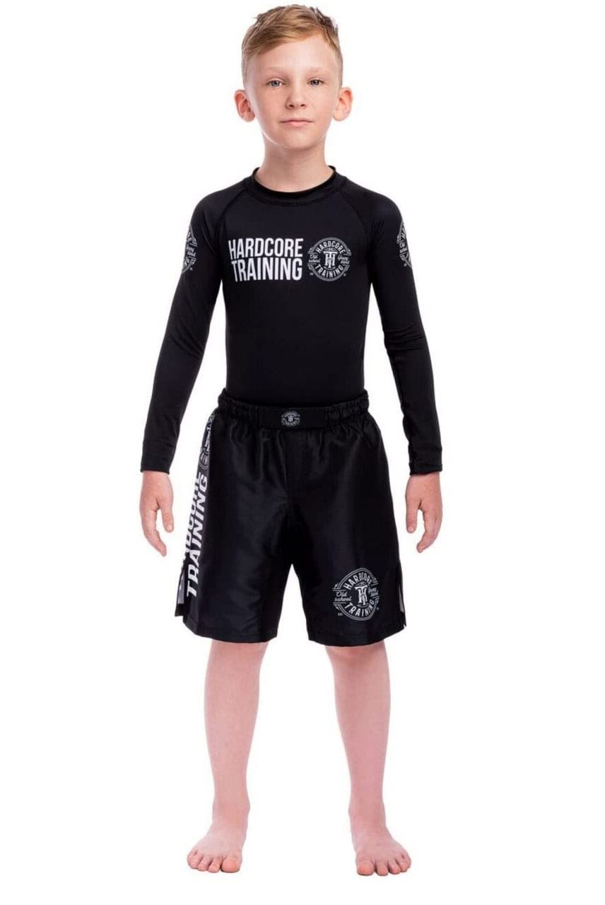 Hardcore Training Kids Boks Aktywne Spodenki Szorty BJJ Fitness Bieganie Trening Ćwiczenia Odzież Sportowa (DE/NL/SE/PL, Wiek, 14 lat, Regularny, Biały Czarny)