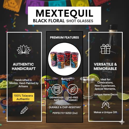 Image of Talavera Shot Glasses Set of 4 Authentic Mexican Tequila Shot Glasses - Hand-painted - 2 Oz (Black Floral)