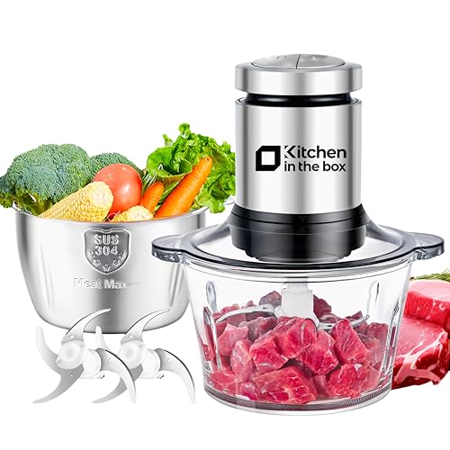 Kitchen in the Box Hachoir Électrique 400W, Hachoir à Viande avec 2 Bols (Verre 2L + Inox 2L), 2 Lames Bi-niveau, Mixeur hachoir, Légumes, Oignons, Fruits