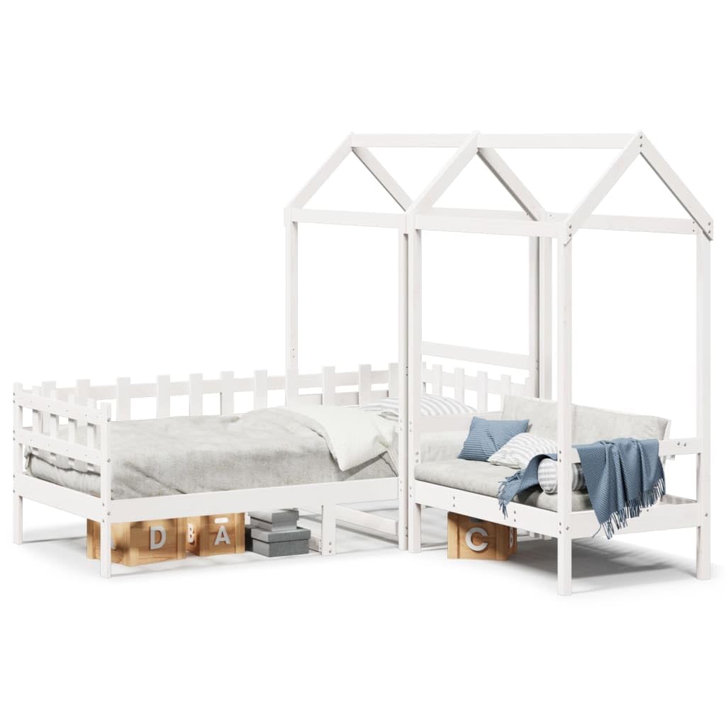 Letto da giorno e panca con tetto bianco, 80 x 200 cm, in legno di pino, set per camera da letto con vano portaoggetti, rete a doghe 80 x 200 cm