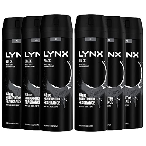 Lynx Pack of 6 XL Black 48 Hours High-Definition Fresh Frozen Pear & Cedarwood Scent Body Spray Deodorant with dual-action odor-busting zinc technology, 200ml