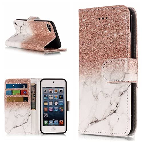 For Ipod Touch 7Th/6Th/5Th Generation Marble Wallet Case,Areall Colorful Hybrid Flip Folio Kickstand Shockproof Full Protective Phone Cover For Ipod Touch 5/6/7,Rose Gold White #TOP2