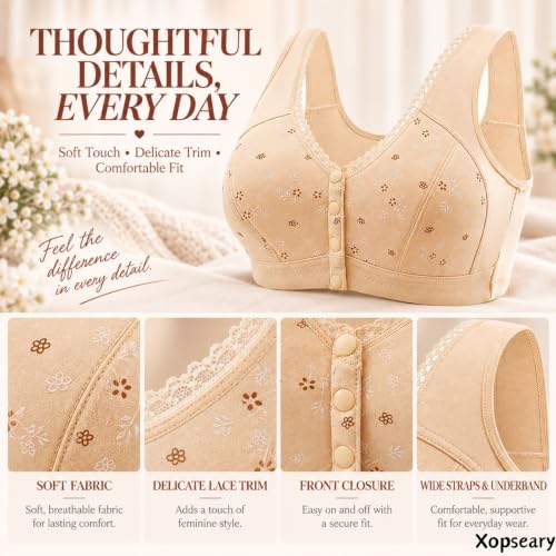 Front Closure Bras for Women Khaki XL Full Coverage Floral Plus Size Bra - image 3