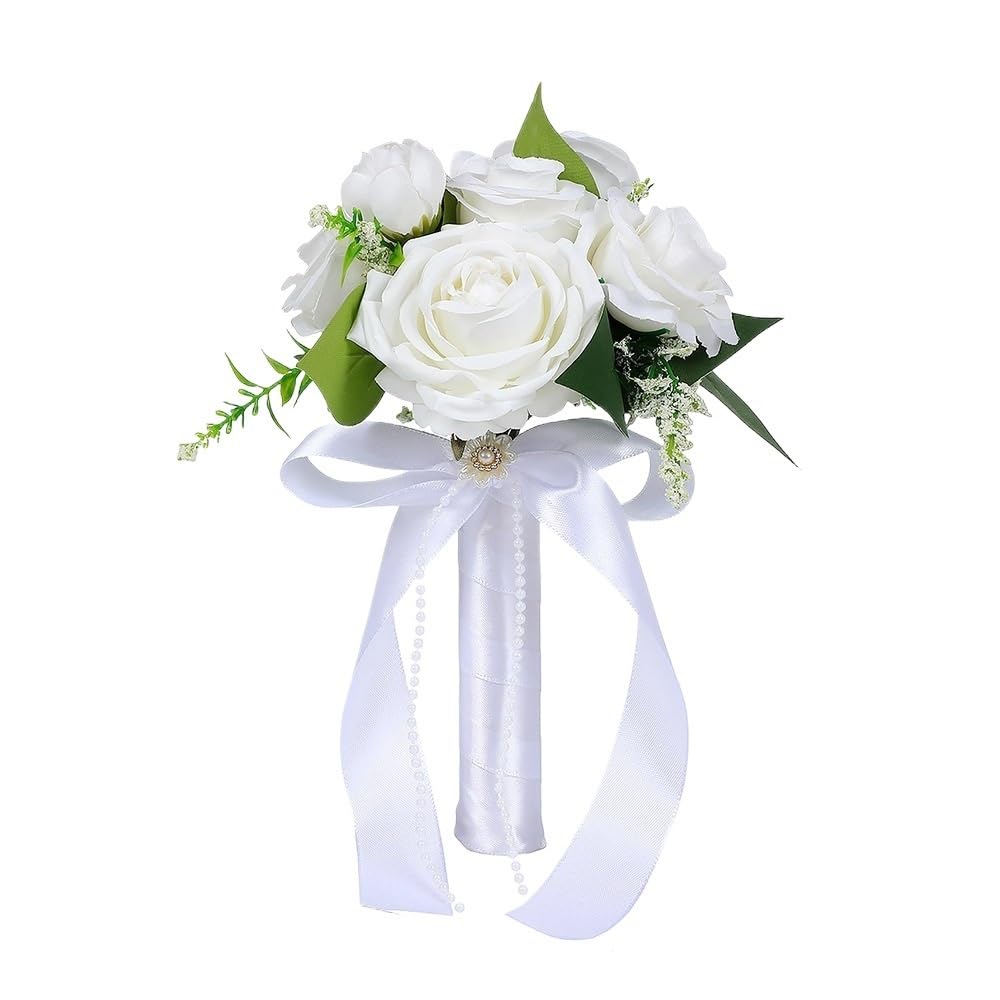 Huffa White Artificial Wedding Bouquet - Elegant Fake Rose Flower Arrangement For Bride's Ceremony(White)