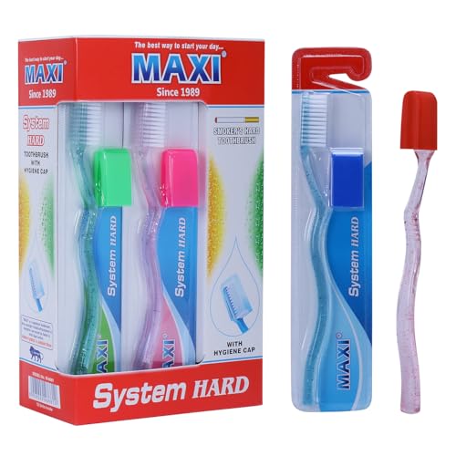 Image of MAXI System Hard Toothbrush for Adults | Deep Plaque & Stain Removal | Anti-Bacterial Travel Cap | Manual Big Head Hard Bristles Tooth Brush | Multicolor Pack of 12