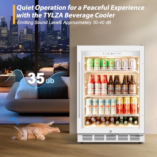 Image of Tylza 24 inch Beverage Refrigerator Glass Door Reversible White | Built-in /free, fast cool, <38dB, temp memory, glass+lock, 37-65F, 190 can
