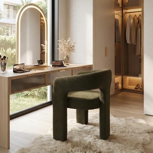 Image of HNY Modern Barrel Kitchen & Dining Room Chair, Sherpa Upholstered Accent Chair with Arm, 18.5'' Wide Side Armchairs Vanity Chairs for Living Room Bedroom Makeup Small Spaces, Green
