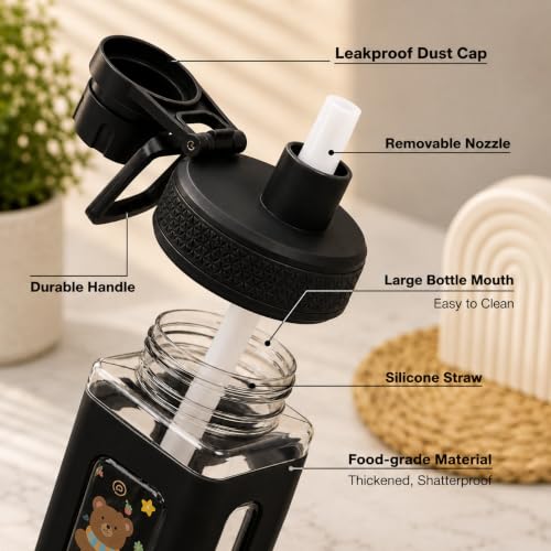 Image of Kawaii Water Bottle for Girls with Straw & Movable Handle | Cute Plastic Bottle with 2D & 3D Stickers | Stylish School & Travel Bottle for Kids (750 ml) (Black)