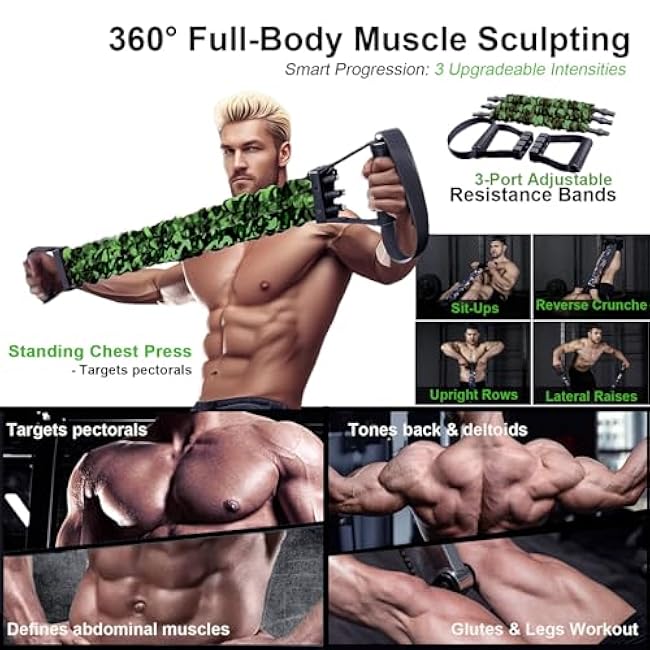 Natural Latex 3-Hole Resistance Stretcher Chest Expander - Adjustable 35/70/105 LBS Strength Bands for Men,Portable Gym Equipment with Handles for Full-Body Training-Green