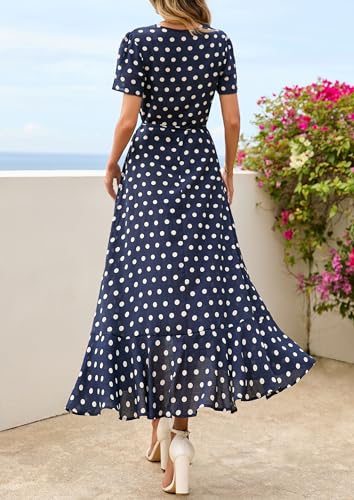 Image of PRETTYGARDEN Women's Summer Wrap Maxi Dress Casual Boho Floral V Neck Short Sleeve Ruffle Hem Split Beach Long Dresses