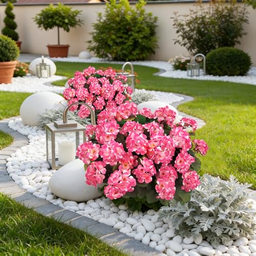 Image of Bassion Artificial Geraniums Flowers for Outdoors Decoration, 4 Pcs, Pink | UV resistant, silk flowers, realistic artificial geraniums, planter window box balcony outdoor garden outside decoration
