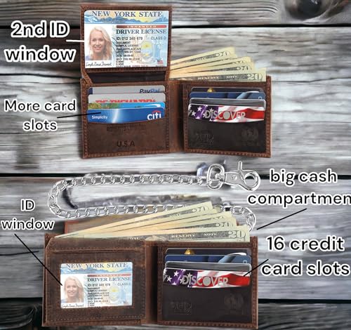 Image of F&L CLASSIC RFID Blocking Mens bi-fold Style Cowhide Leather Steel Chain Wallet, buffalo vintage leather,texas buff white stitching