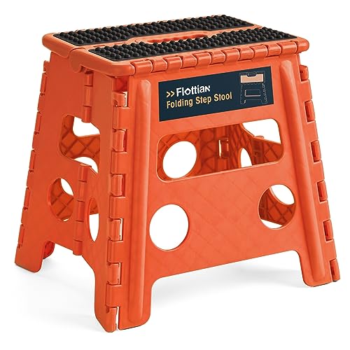 Image of Flottian 13 inch Folding Step Stool for Adults and Kids Holds Up to 300 lbs,Non-Slip Folding Stools with Handle, Compact Plastic Foldable Step Stool for Bathroom,Bedroom, Kitchen,Orange-Red,1PC