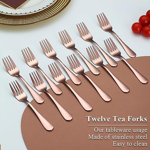 Evanda Dessert Forks 12 Pieces, Rose Gold Titanium Plating Stainless Steel Pastry Forks Set, Fruit, Mini Cake - Image 3