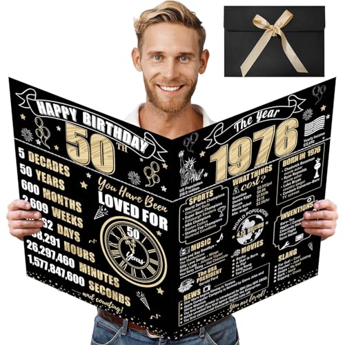 Turypaty Large 50th Birthday Card With Envelope for Men Women, 1976 Black Gold Happy 50th Birthday Giant Guest Signature Book Gifts, Big Vintage 1976 50 Greeting Card Decoration Party Supplies