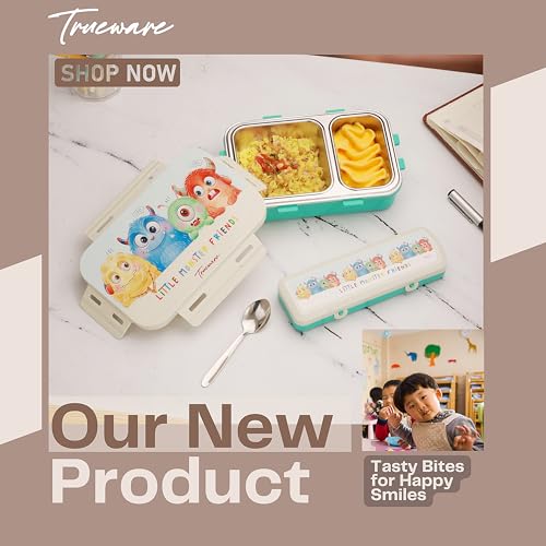Image of Trueware Pluto Lunch Box 2 Compartment Leak-Proof BPA Free Stainless Steel, Lunch Box for Kids, Lunch Box for School & Office with a Spoon, 580 ML