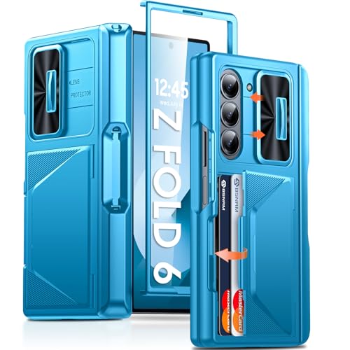 BSNRM for Samsung Galaxy Z Fold 6 Case with Card Holder RFID Blocking & S Pen Holder& Slide Camera Cover& Hinge Protection& Full-Body Rugged Shockproof Wallet Case for Galaxy Z fold 6,Lake Blue