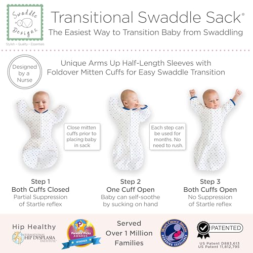 Image of SwaddleDesigns Transitional Swaddle Sack, Arms Up Half-Length Sleeves & Mitten Cuffs, Swaddle for Newborn Transition to Baby Sleep Sack Wearable Blanket, Med, 3-6 Month, 14-21 lb, Blue Tiny Triangles