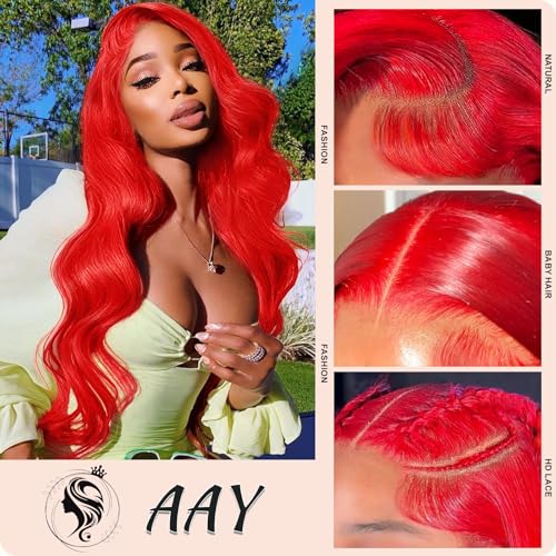 AAY Red Human Hair Wig 200 Density Body Wave 13x4 HD Lace Frontal Wigs Human Hair Colored Red Lace Front Wigs Human Hair Pre Plucked with Baby Hair Real Hair Wigs for Women Glueless 24 Inch