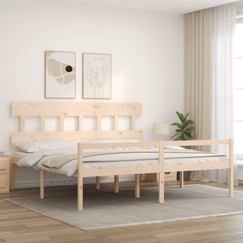 Lite drewno sosnowe z podwyższonym wezgłowiem 45 cm Brąz 200 x 200 cm | Łóżko dla seniora 200x200 z zagłówkiem, lite drewno sosnowe, rama 45 cm, przechowywanie pod łóżkiem