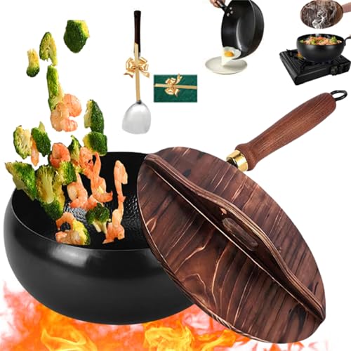 中華鍋鉄鍋 焦げ付かないフライパン 木製蓋付き伝統的な鉄鍋中華鍋匠の手作り 鉄鍋 無塗層 ワンタッチ焦げ付き防止設計 章丘鉄鍋 古法大肚鍋 中華料理用フライパン IH対応 ガス対応 鉄分補給 さびにくい 木柄付き スコップ付き 家庭用 小鍋 調理器具