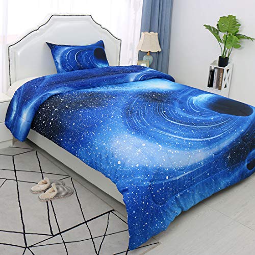 Uxcell Twin Comforter Set Galaxy White Blue For Twin Bed -3D Outer Space Themed Bedding- All-Season Down Alternative Quilted Duvet - Reversible Design- Includes 1 Comforter, 1 Pillowcase #TOP2