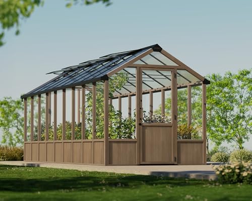 Palram - Canopia Natura 8' x 22' Cedar Outdoor Greenhouse, Brown, Durable UV-Protected Polycarbonate Greenhouse Panels, Automated Roof Vent, Sustainable Materials, Rain Gutters