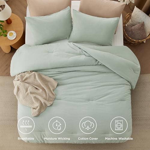 Image of Bedsure Comforter Set Queen Size - Cotton Fabric with Microfiber Inner Fill, Sage Green PureWoven Soft Bed Set for All Seasons, 3 Pieces, 1 Comforter (90 inchx90 inch) and 2 Pillow Cases (20 inchx26 inch)