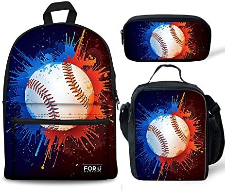 FOR U DESIGNS School Backpack for Boys Baseball Bookbag Canvas Lightweight Lunch Bags Tote Pencil Case Set 3 Pce