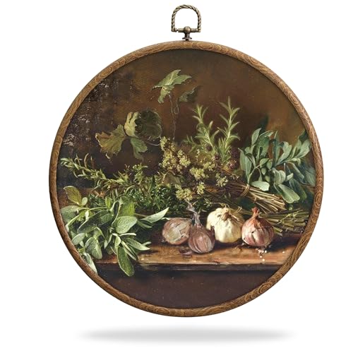 Herbs Boho Kitchen Wall Decor, Aesthetic Round Vintage Kitchen Wall Decor, Waterproof Western Nature Botanical Decorations with Hook, for Home Bathroom Living Room Bedroom, 12