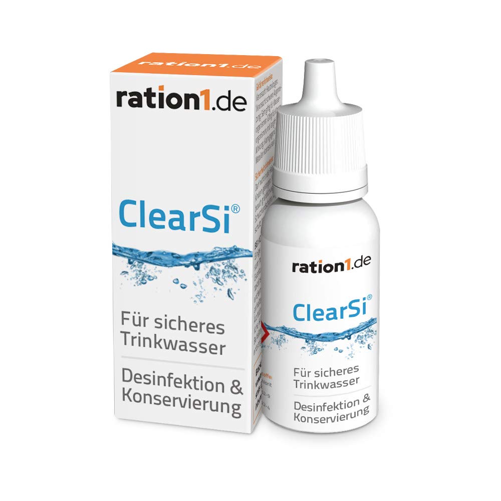 ration1 Wasserfilter, ClearSi Wasseraufbereitung 12ml, 5X Faltkanister 20L | Wasserkanister faltbar, tragbar, lebensmittelecht, BPA frei, 120 Liter Trinkwasser filtern, desinfizieren, konservieren
