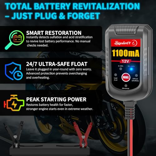 Image of 4 Pack Motorcycle Battery Charger 12V 1.1Amp, Smart Trickle Charger and Maintainer - Automatic Float Charger for Cruiser Sport Bike ATV Scooter Dirt Bike Lawn Mower, LiFePO4 Lead Acid AGM Gel
