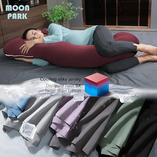 Image of MOON PARK Pregnancy Pillows for Sleeping - U Shaped Full Body Maternity Pillow with Removable Cover - Support for Back, Legs, Belly, Hips - 57 Inch - Burgundy - Cooling Cover