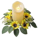 Couronne de bougie – Bague de bougie | Eucalyptus vert artificiel jaune | Bourgeons blancs jaunes de tournesols guirlandes de bougies d'eucalyptus vert artificiel, 25 cm