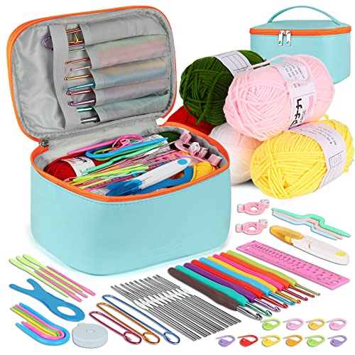Coopay Juego de 58 aguja de ganchillo para principiantes y adultos, incluye mango TPR, punta de ganchillo, juego completo con bolsa, azul
