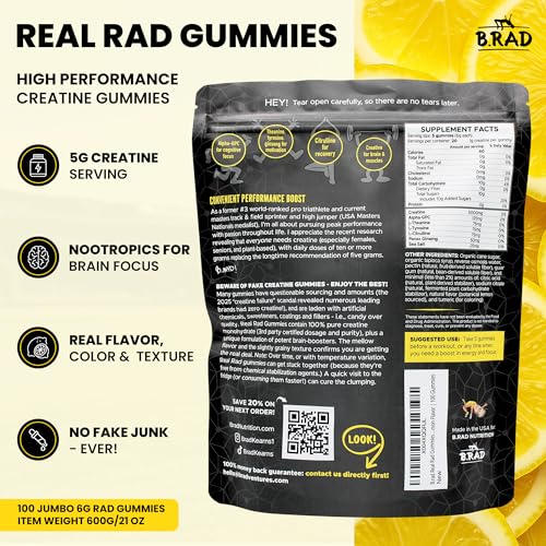 Image of B.rad Real Rad Creatine Gummies | 5g Creatine Monohydrate Per Serving | with Alpha GPC, L-Theanine, L-Tyrosine, L-Citrulline & Panax Ginseng | Natural Lemon Flavor | 100 XL Gummies