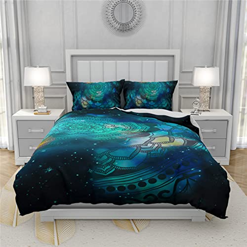 Parure housse de couette 140x200 ocean bleu fonce microfibre 2 taies d'oreiller
