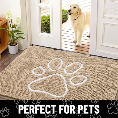Image of Smiry Dog Door Mat for Muddy Paws, Absorbent Dirt Trapper Non Slip Quick Dry Washable Chenille Mat for Mud Dogs, Entry Rug for Indoor and Outdoor (47x17 Inches, Beige and White)