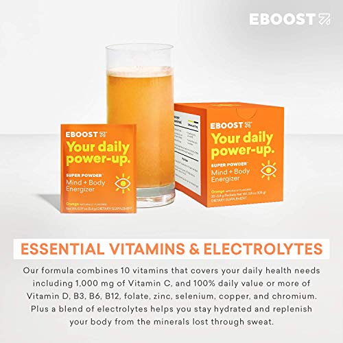 Eboost Energy Drink & Electrolyte Powder, 20 Packets - Super Powder Orange With No Added Sugar - Essential Blend Of Vitamins, Nootropics & Natural Caffeine And Hydration - Pre & Post Workout #TOP3