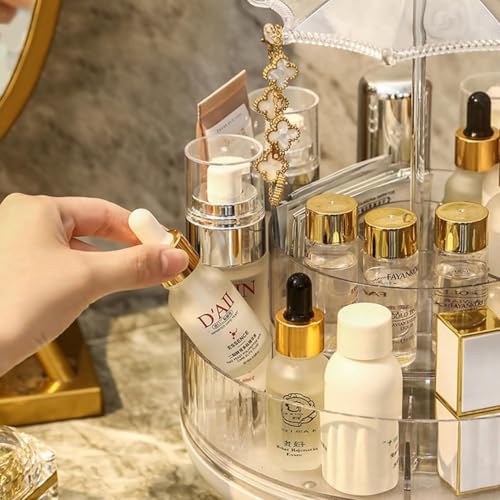 Image of 360 Degree Rotating Makeup Organizer with Jewelry Hooks, Large Acrylic Cosmetic Storage Rack for Skincare Products, Perfumes, Makeup Brushes, and Accessories (Pack of 1)
