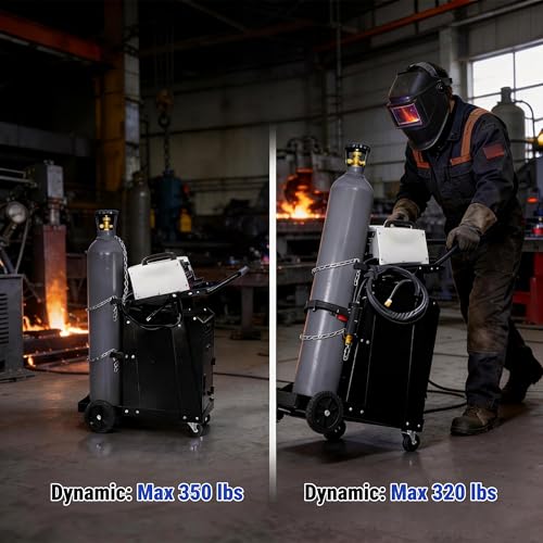 Image of Welding Cart, 2-Tier Heavy Duty Welder Cart with 2 Drawers & Lockable Cabinet, 350LBS Load Capacity, Dual Cylinder Slots & Safety Chains, 360 Swivel Wheels for MIG Welder & Plasma Cutter