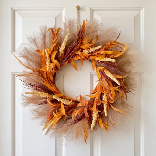 Perfnique Fall Wreath for Front Door 18 Autumn Wreath for Door Decor Faux Pampas Wreath for Fall Decor Boho Wall Decor Farmhouse Pampas Grass Garland for Home Outdoor Thanksgiving Decoration