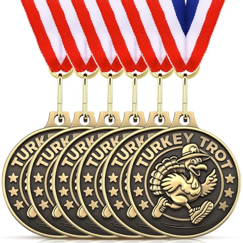 Kigeli Turkey Trot Medals 2'' Thanksgiving Turkey Medals Turkeys Gold Award Bowl Prizes Trophies with Ribbon Bulk for Thanksgiving Trot Bowl, Community Holiday Events, Sports Day Prizes (6)